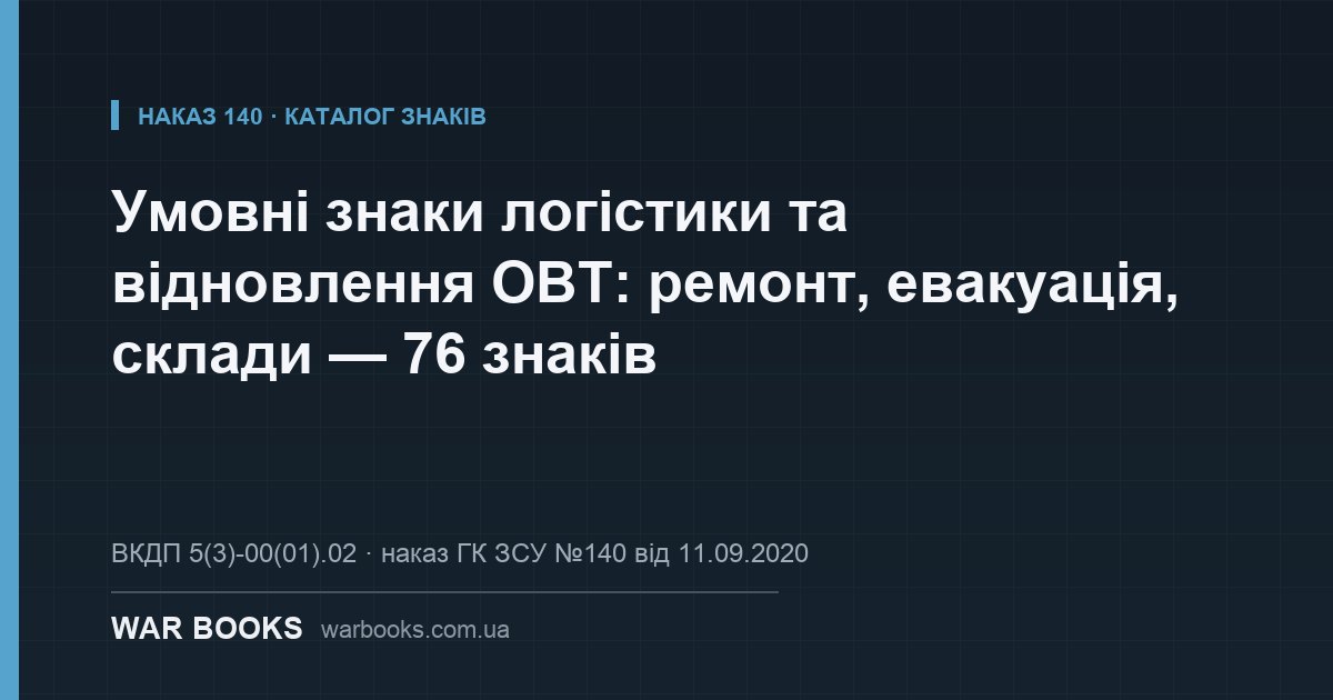 Умовні знаки логістики та відновлення ОВТ: ремонт, евакуація, склади — 76 знаків