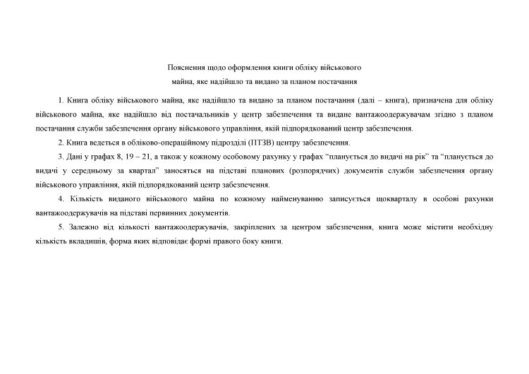 Книга обліку військового майна яке надійшло та видано за планом постачання, додаток 42