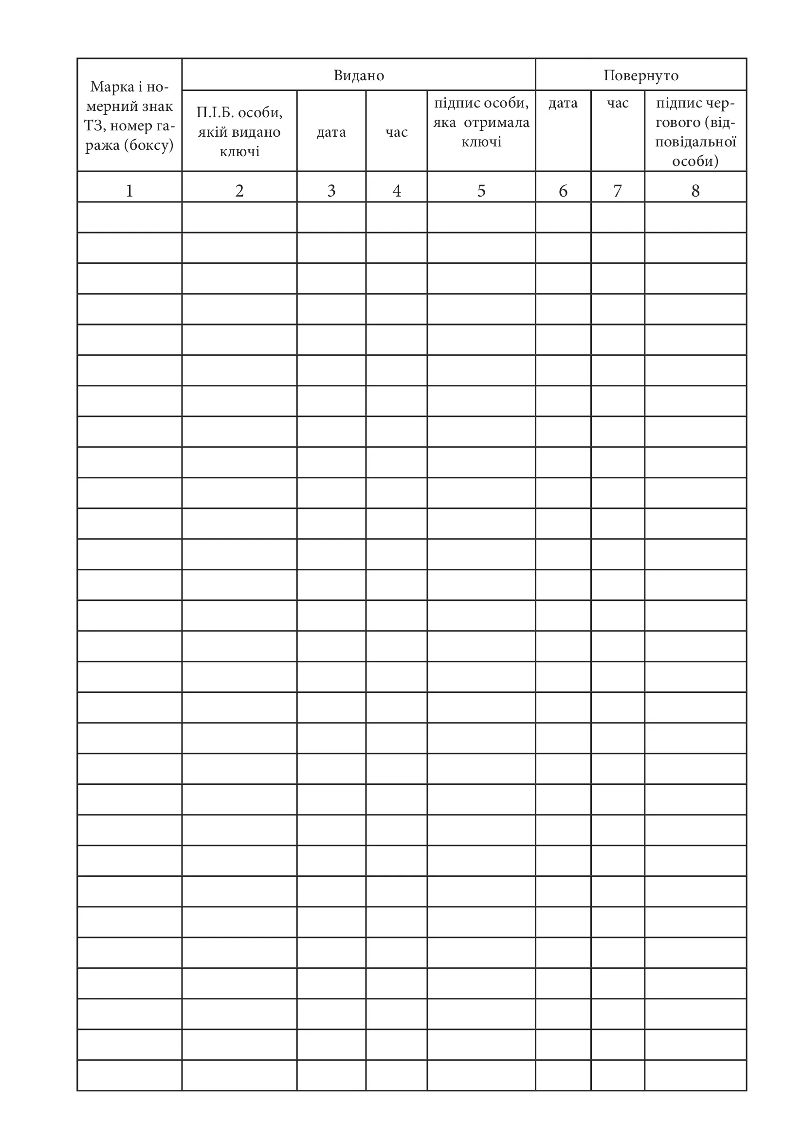 Журнал видачі та повернення ключів транспортного засобу, додаток 10. Автор — Міністерство внутрішніх справ України. 