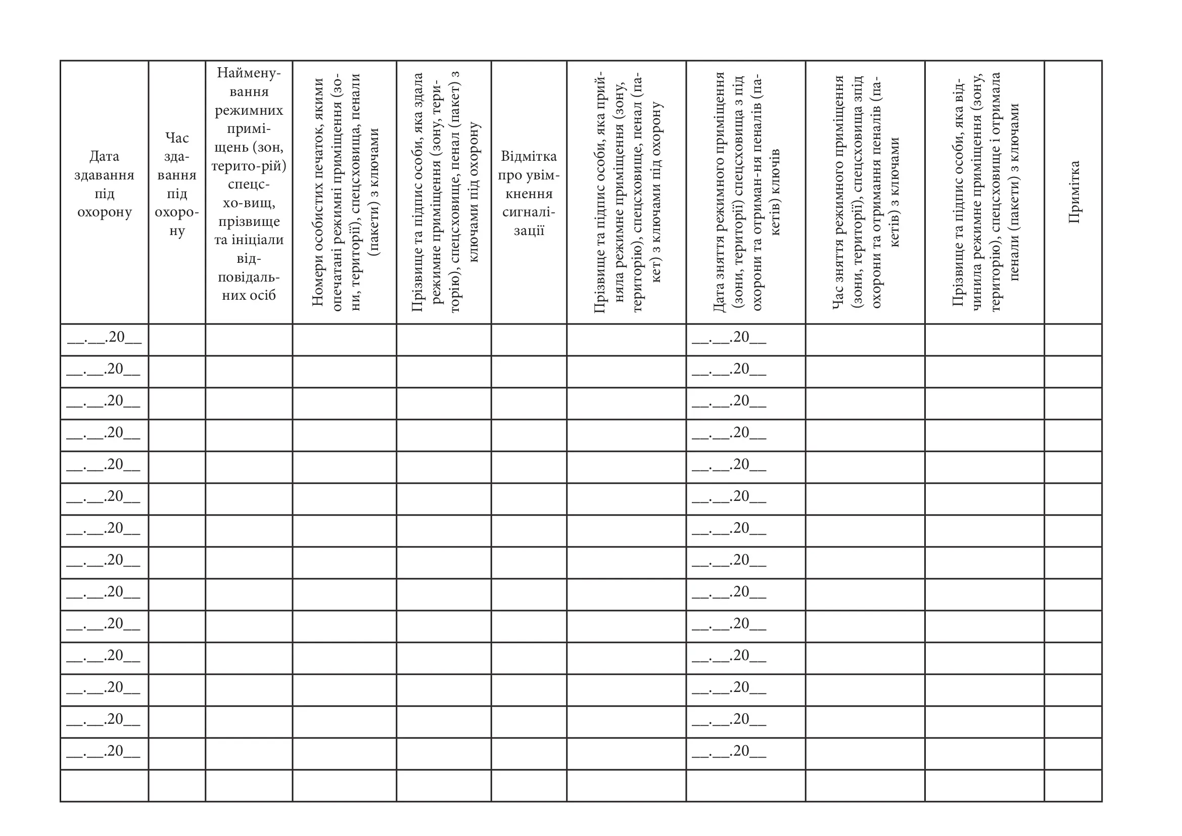 Журнал здавання (приймання) під охорону, зняття (приймання) з-під охорони режимних приміщень (зон, території), сховищ матеріальних носіїв секретної інформації та ключів від них. . 