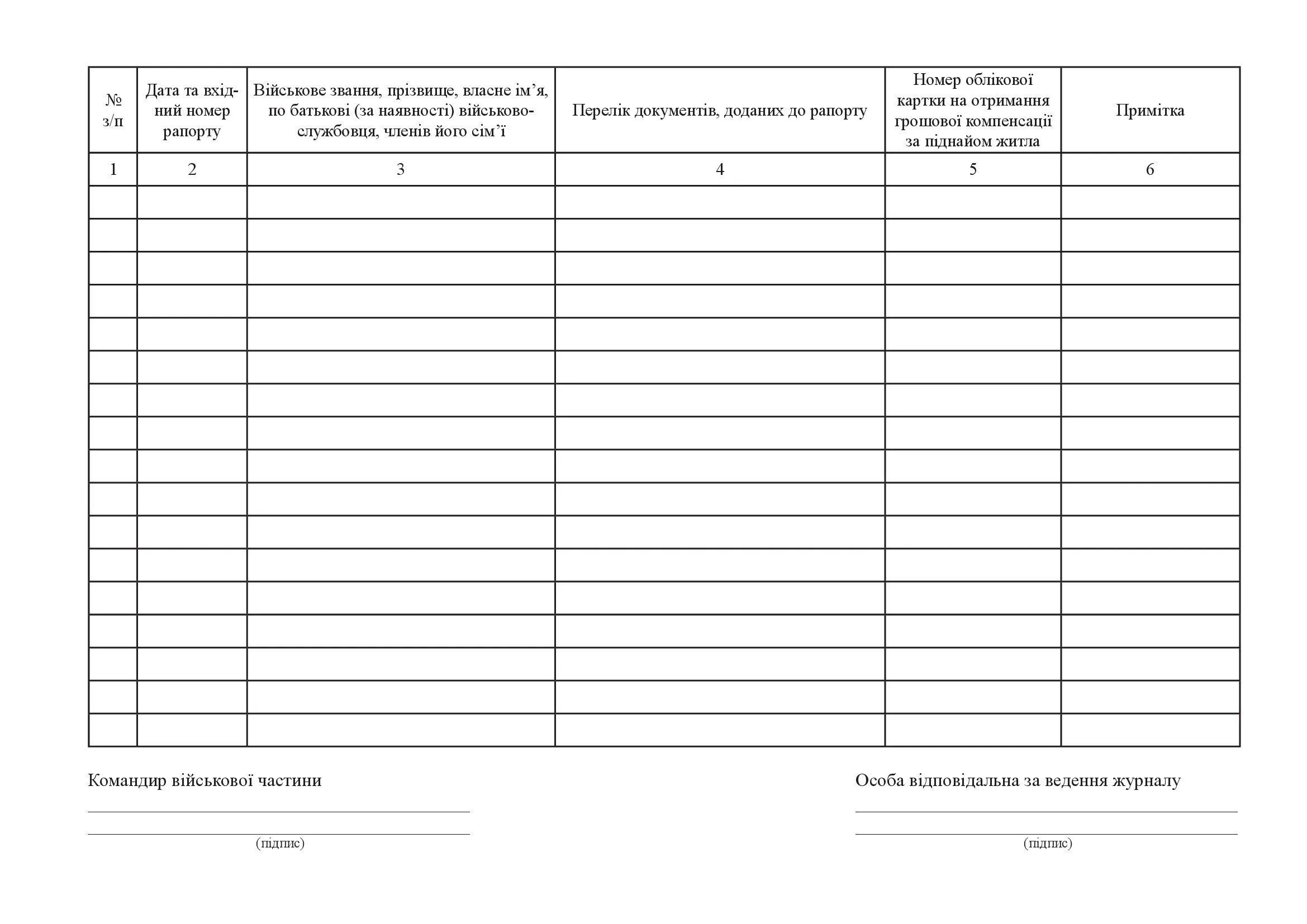 Журнал обліку військовослужбовців та членів їх сімей, які отримують грошову компенсацію за належне їм отримання жиле приміщення, додаток 26
