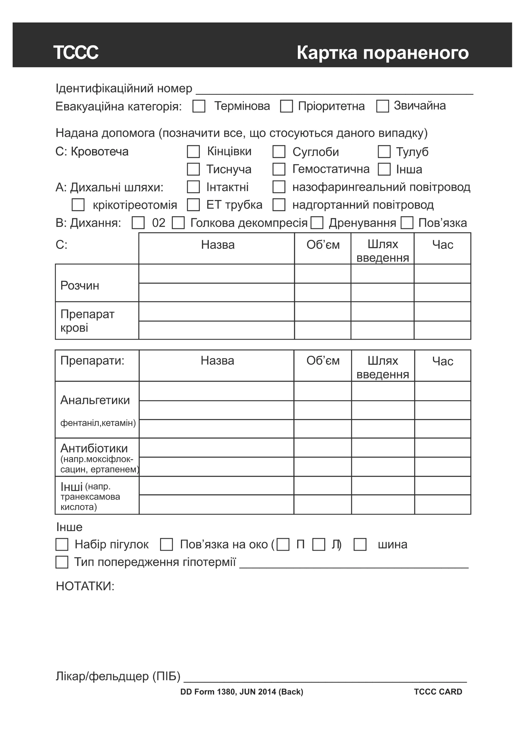 Медична картка пораненого TCCC А5