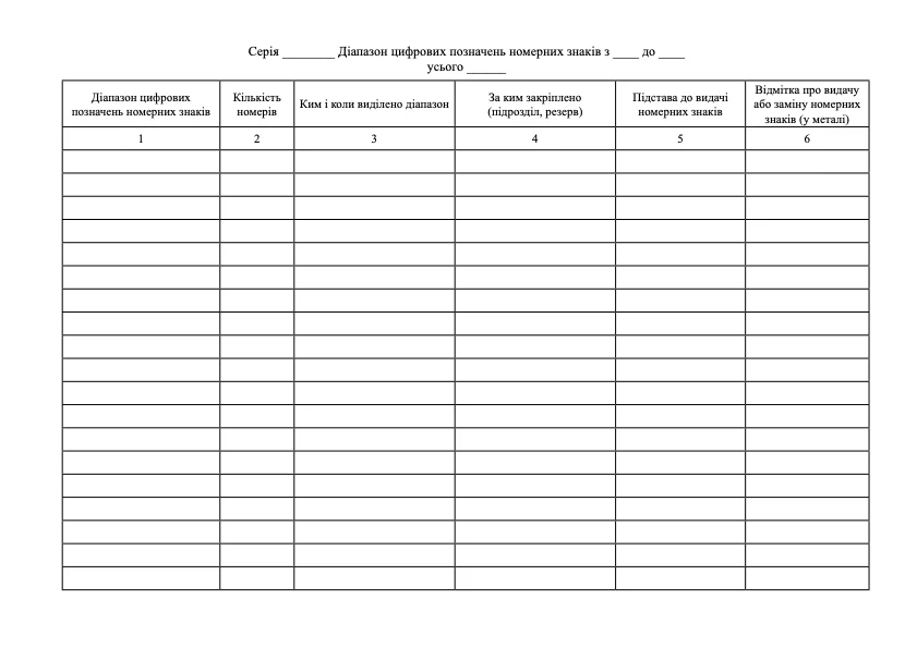 Книга обліку діапазонів номерних знаків машин і причепів, додаток 3. . 