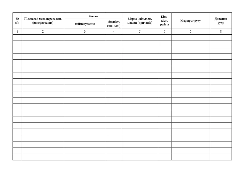 Книга заяв на використання автомобільної техніки, додаток 9