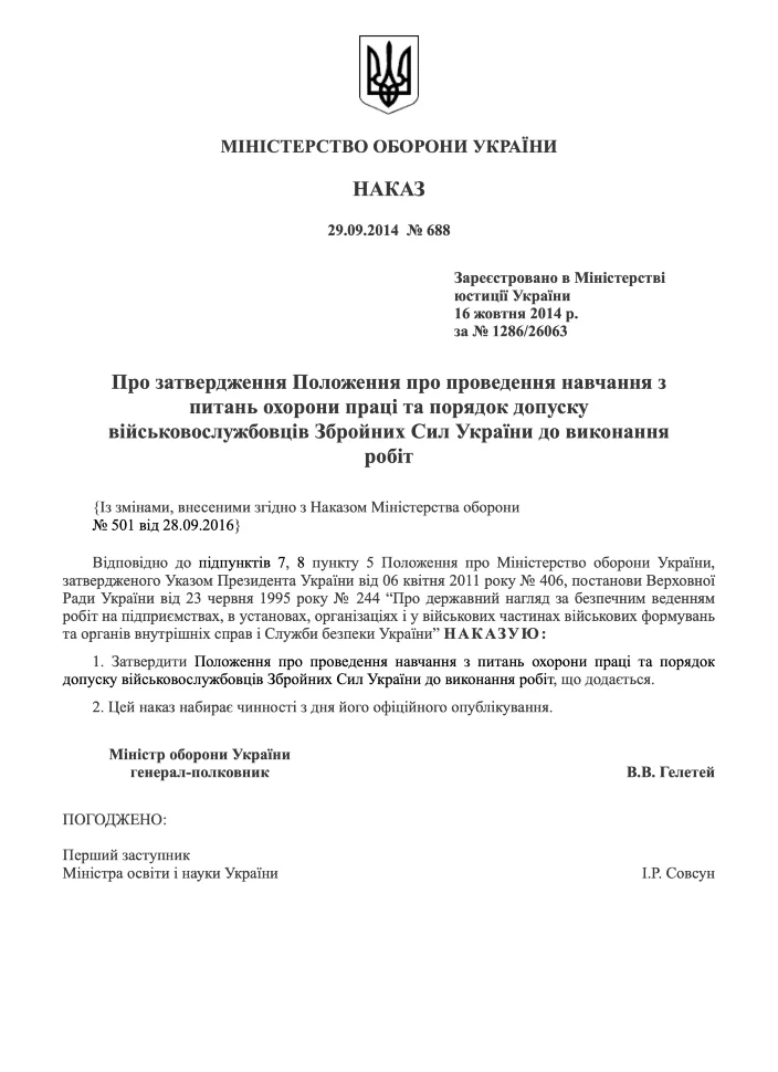 Наказ МОУ № 688  — Положення про проведення навчання з питань охорони праці та порядок допуску військовослужбовців ЗСУ до виконання робіт. Автор — Міністерство оборони України. Обкладинка — М'яка
