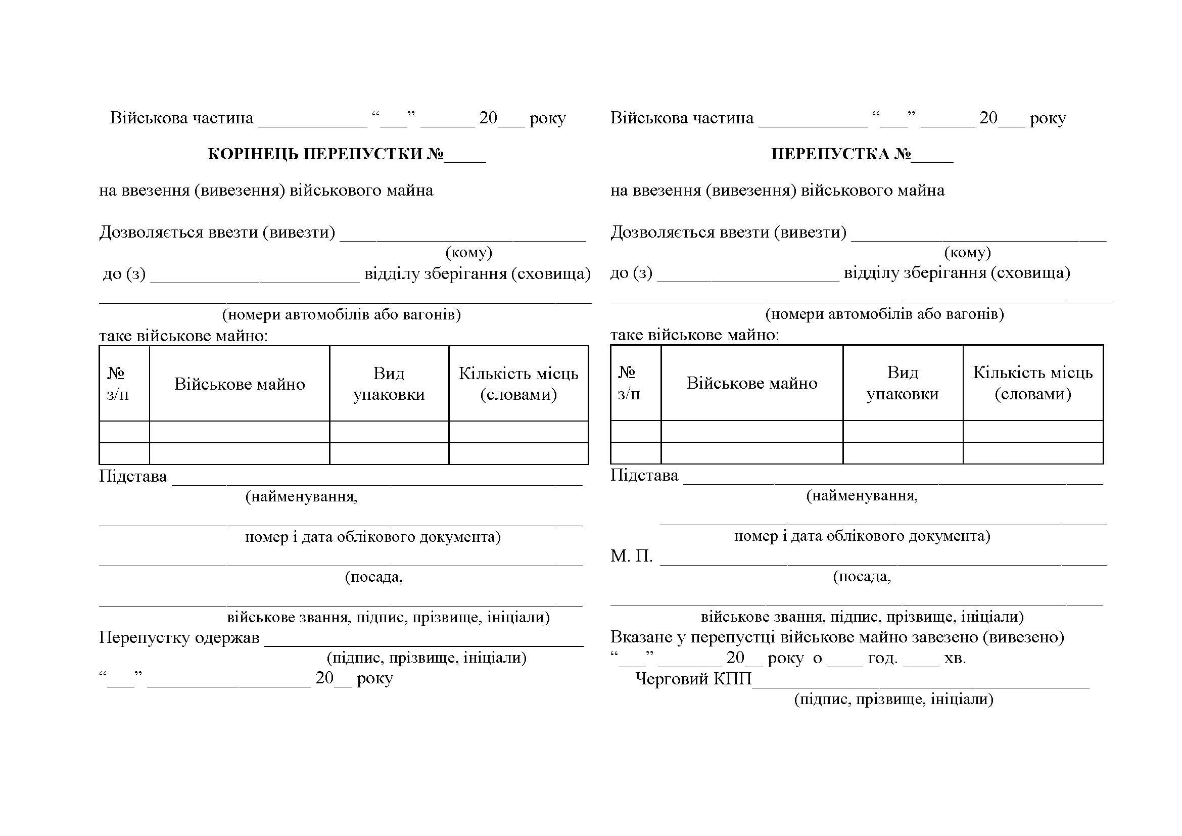 Книжка перепусток на ввезення (вивезення) військового майна, додаток 35. Автор — Міністерство оборони України. 