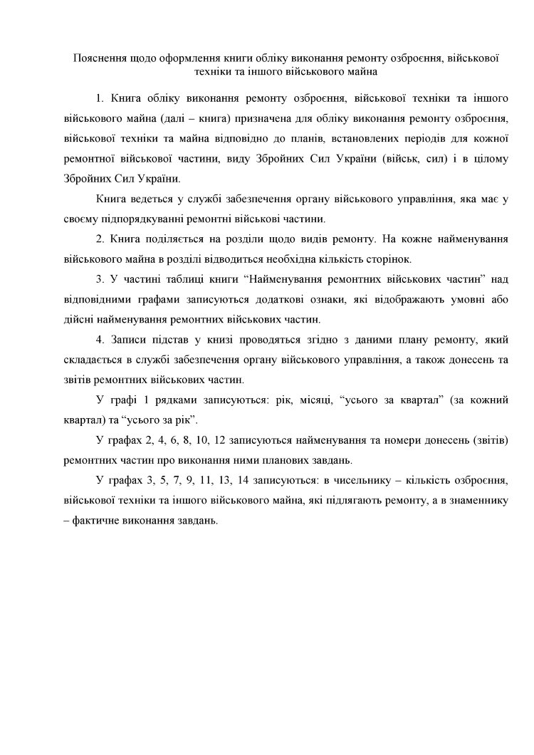 Книга обліку виконання ремонту озброєння військової техніки та іншого військового майна, додаток 62