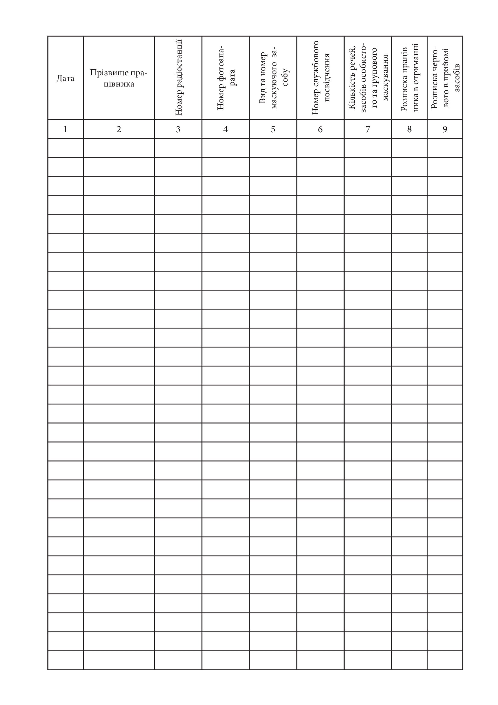 Журнал обліку використання техніки, засобів маскування та документів оперативного прикриття