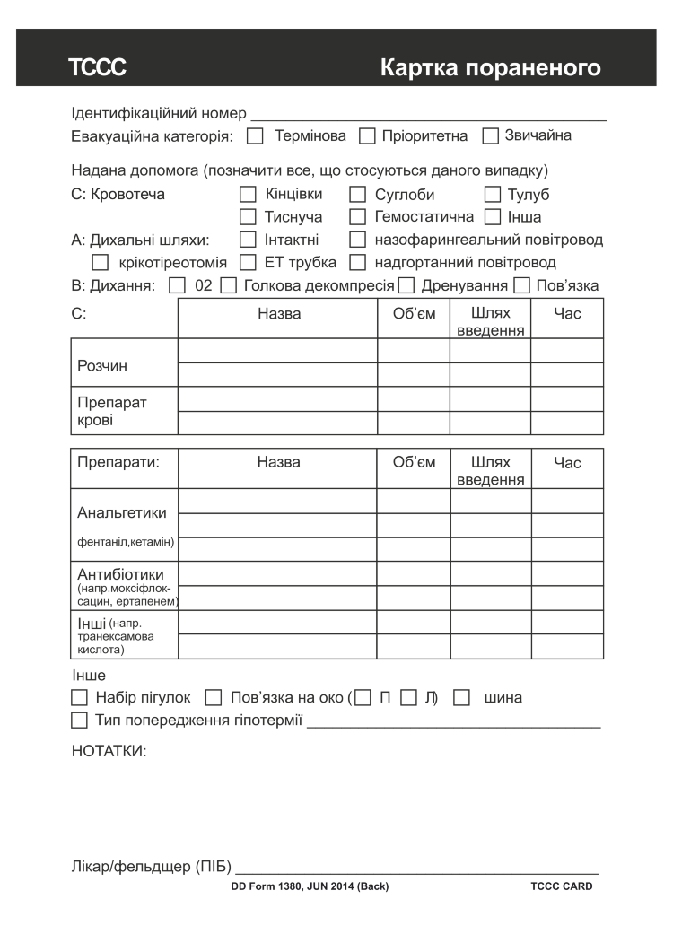 Медична картка пораненого TCCC А5