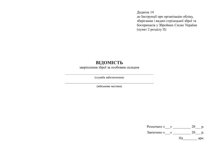 Відомість закріплення зброї за особовим складом, додаток 14