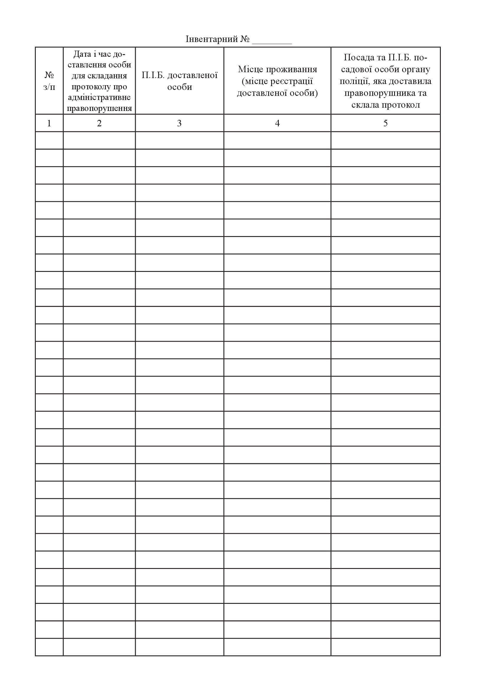 Журнал обліку доставлених осіб, які вчинили адміністративні правопорушення, додаток 4. Автор — Міністерство внутрішніх справ України. 