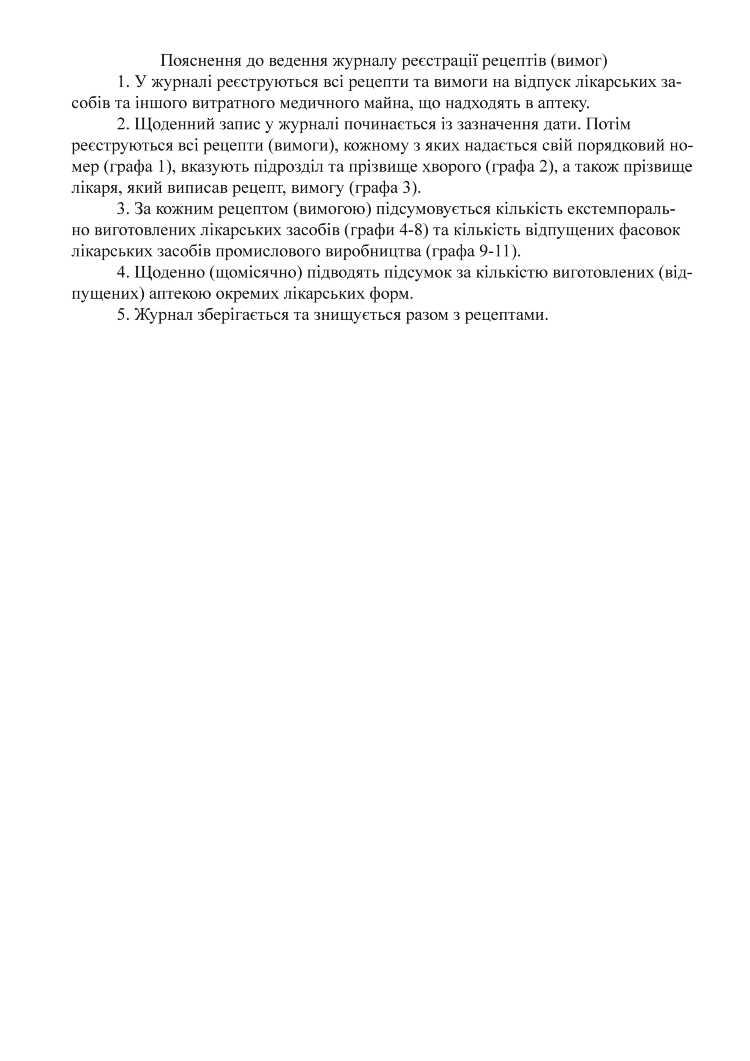 Журнал реєстрації рецептів (вимог) (військових аптек), додаток 10