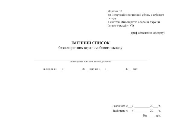 Іменний список безповоротних втрат особового складу, додаток 32  (формат А3)
