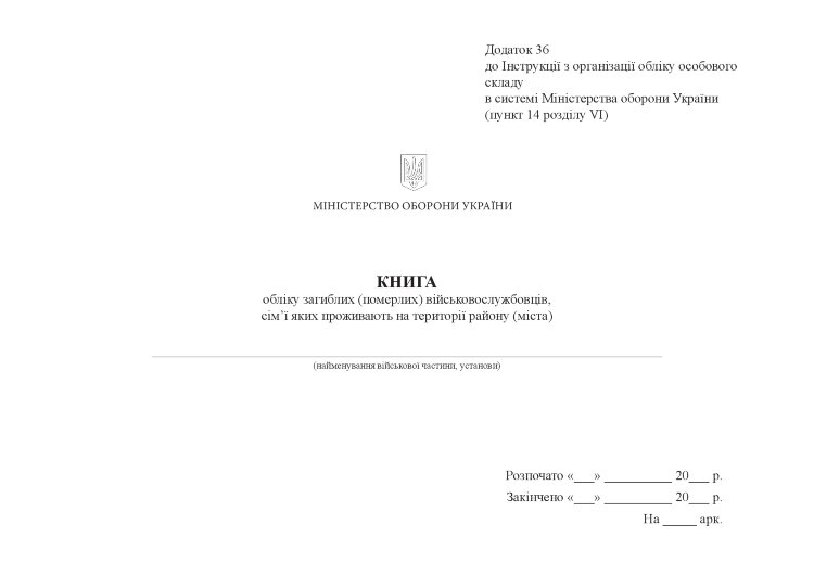 Книга обліку загиблих (померлих) військовослужбовців, сім’ї яких проживають на території району (міста), додаток 36