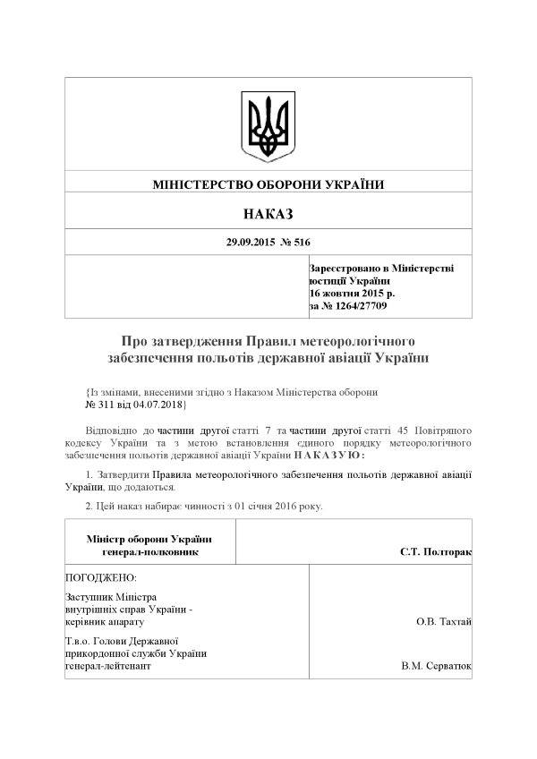 Наказ МОУ № 516 — Правила метеорологічного забезпечення польотів державної авіації України