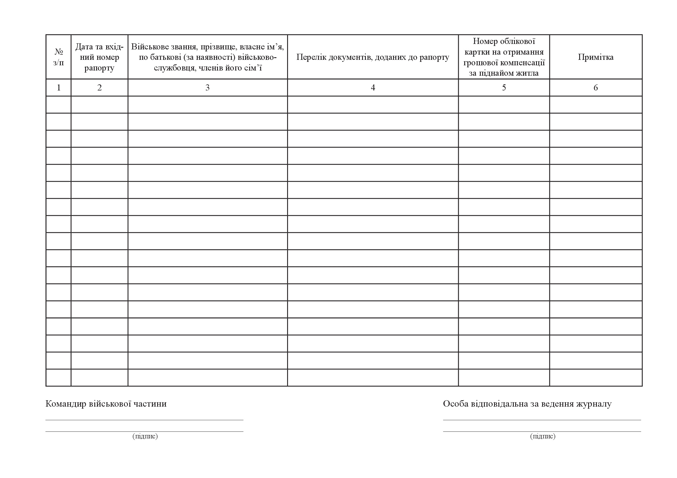 Журнал обліку військовослужбовців та членів їх сімей, які отримують грошову компенсацію за належне їм отримання жиле приміщення, додаток 26