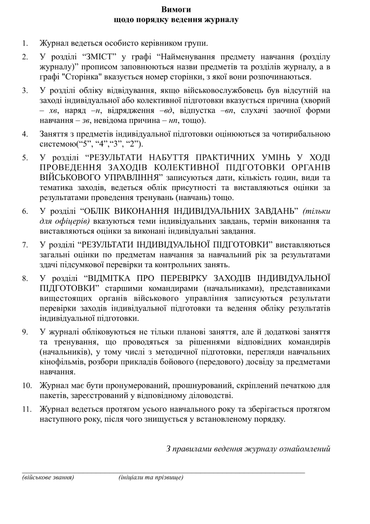 Журнал обліку індивідуальної підготовки військовослужбовців на навчальний рік