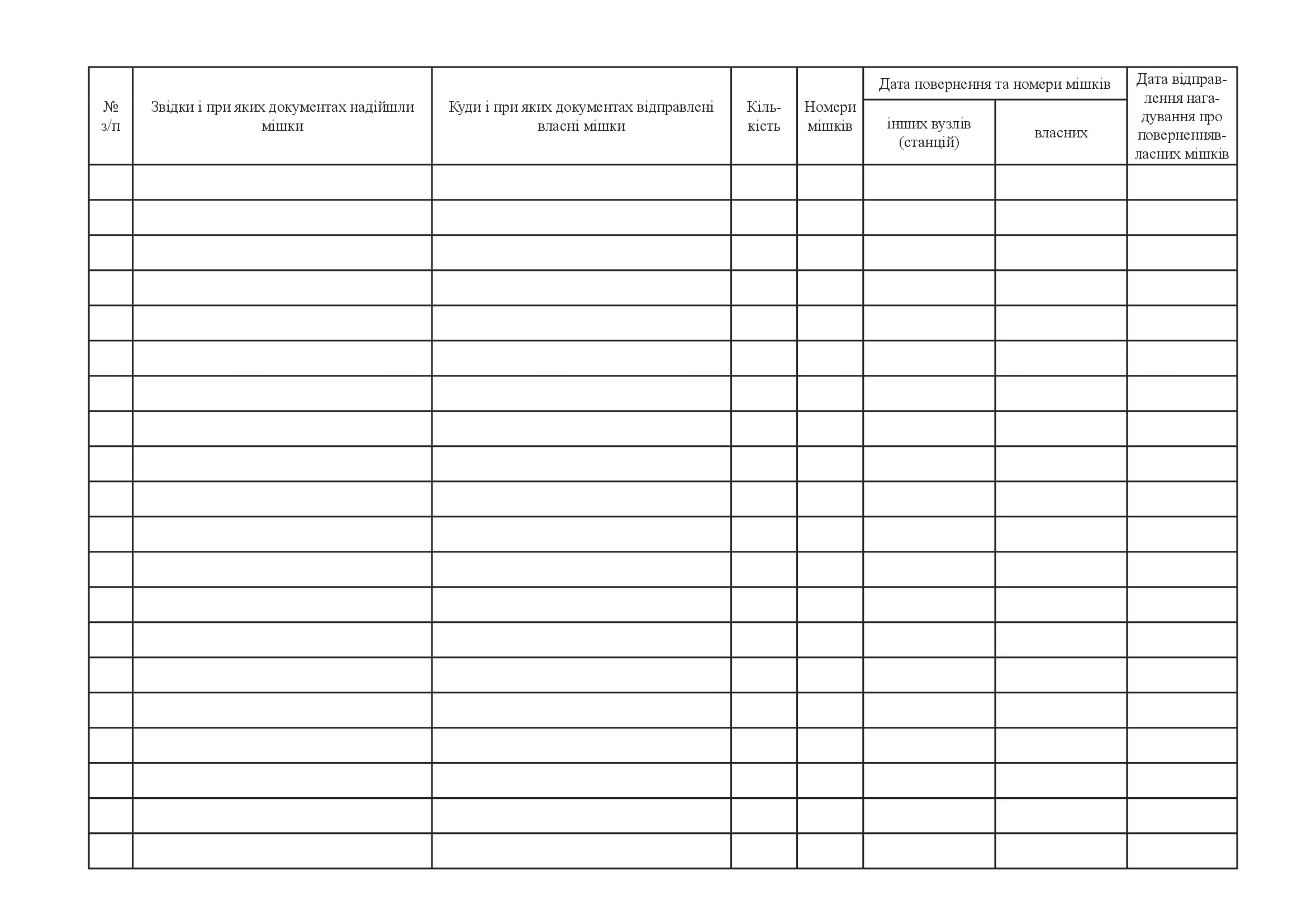 Журнал обліку мішків, що надійшли і підлягають відправленню. . 