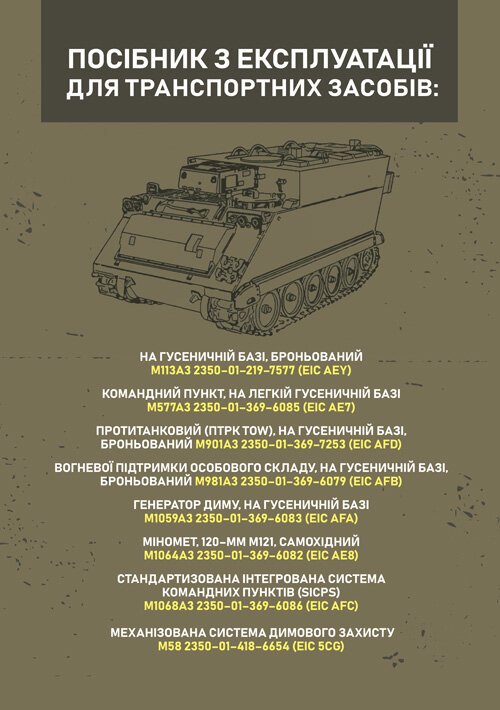 Посібник з експлуатації для транспортних засобів: M113A3 2350 - 01 - 219 - 7577 (EIC AEY), M577A3 2350 - 01 - 369 - 6085 (EIC AE7)